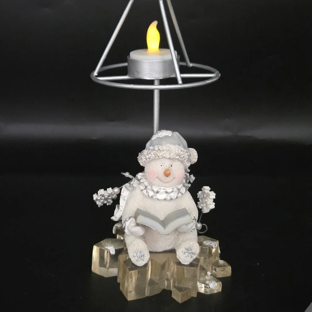Snowman  Reading a Book on Ice Tea light Lamp Christmas Holiday‎ Decor 9.5